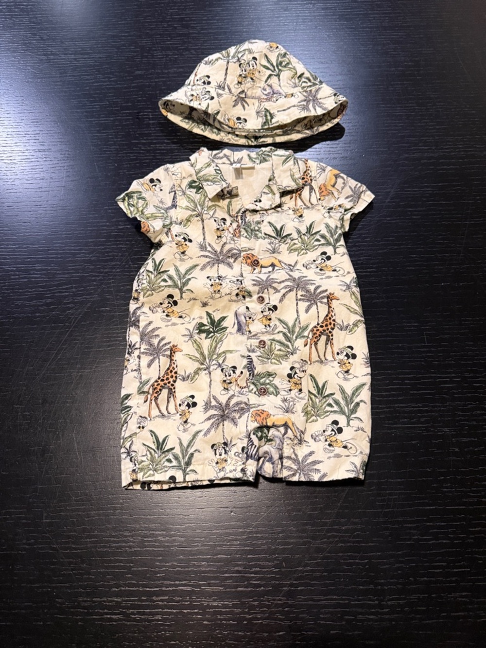 Janie and Jack Cream and Green Mickey Mouse Tropical Print One-Piece Bodysuit